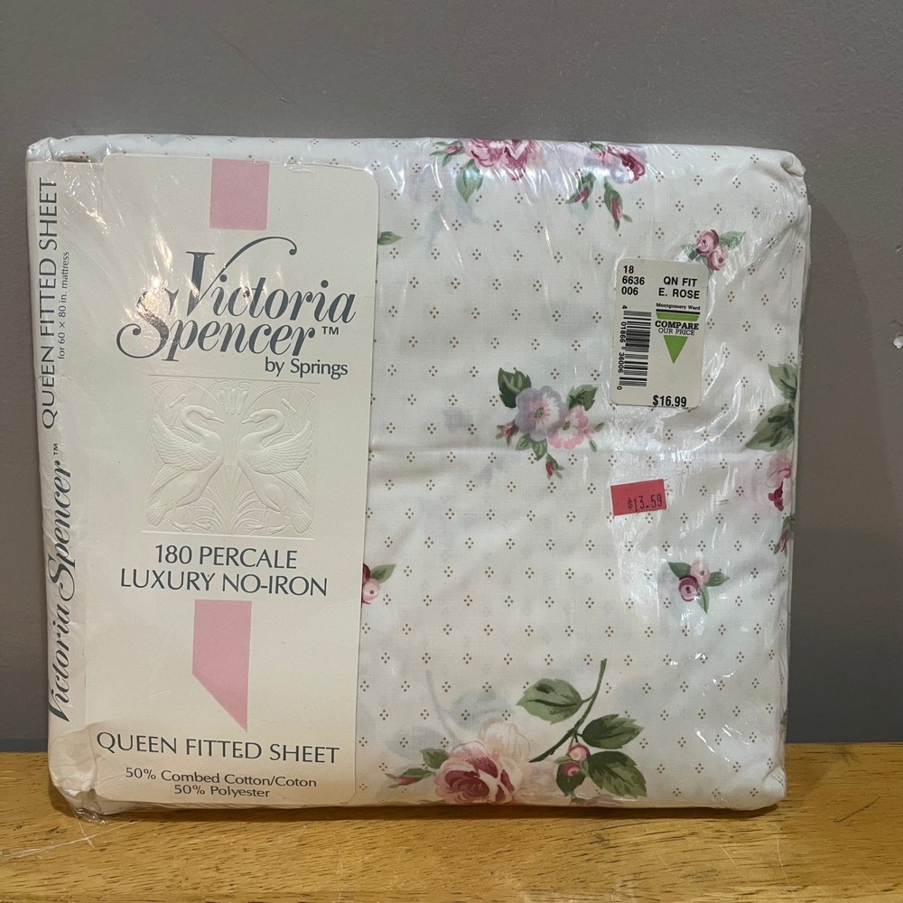 Victoria Spencer Springs Queen Fitted Sheet English Rose Floral Percale No-Iron